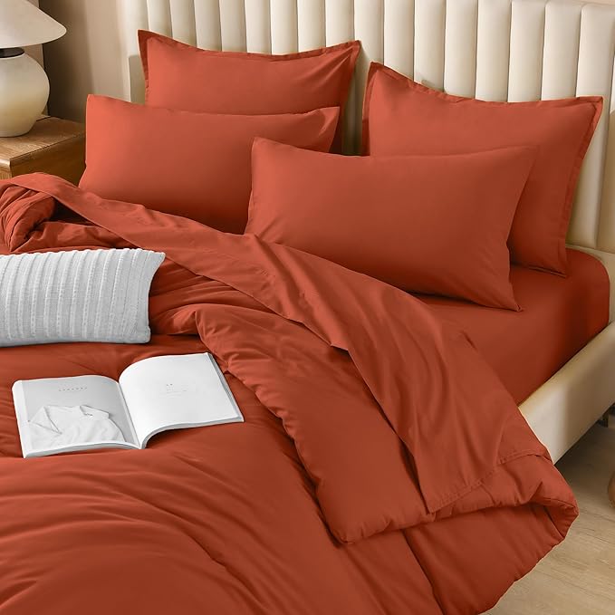 Litanika Burnt Orange Comforter Queen Size Set - 7 Pieces Terracotta Bed in a Bag Queen Bedding Comforter Sets, Plain Lightweight Bed Set with Comforter, Sheets, Pillowcases & Shams