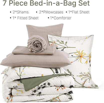 WRENSONGE Botanical Comforter Set Queen Size-7 Pieces Dandelion Bed in a Bag with Flowers Pattern, Soft Floral Complete Bedding Set with Sheets for All Season