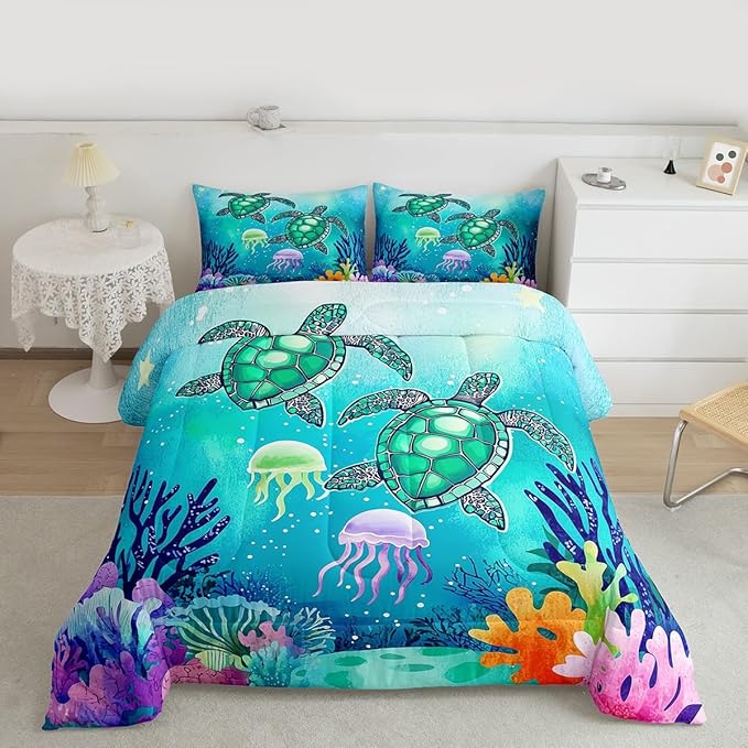 Turtle Bedding Set - Green Blue Ocean Down Comforter Full, Colorful Underwater World Comforter Set for Kids, Nautical Sea Animal Reptile Bed Quilt Under Sea Fish Jellyfish Bedroom Decor