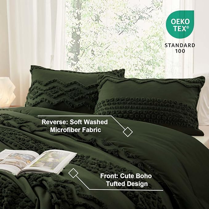 Luxudecor Olive Green Boho Tufted Comforter Set Full Size 3 Pieces Boho Shabby Chic Comforter Farmhouse Embroidery Bedding Set Soft Comforter for All Seasons (Olive Green, 80''x90'')