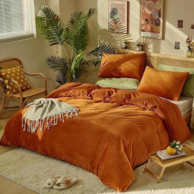 CLOTHKNOW Burnt Orange Velvet California King Comforter Set 3Pcs Fluffy Bedding Comforter Sets Soft Terracotta Comforter with 2 x Pillow Cases