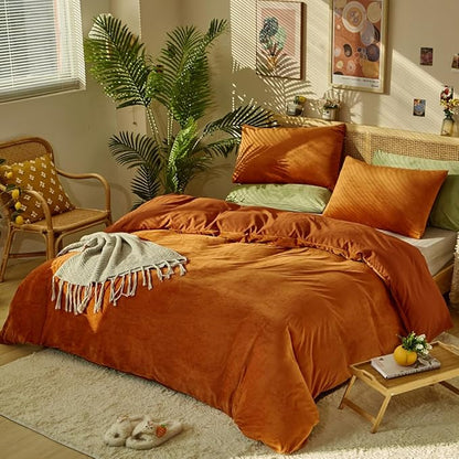 CLOTHKNOW Burnt Orange Velvet California King Comforter Set 3Pcs Fluffy Bedding Comforter Sets Soft Terracotta Comforter with 2 x Pillow Cases