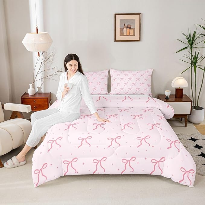 Erosebridal Pink Bow Toddler Bedding Set for Girls Women Ribbon Bows Comforter Set Preppy Bows Comforter for Kids Adults Coquette Room Decor Girly Princess Pink Quilt Duvet