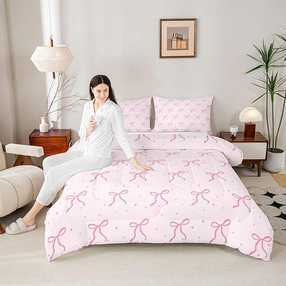 Erosebridal Pink Bow Toddler Bedding Set for Girls Women Ribbon Bows Comforter Set Preppy Bows Comforter for Kids Adults Coquette Room Decor Girly Princess Pink Quilt Duvet