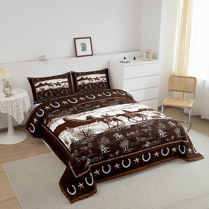 Feelyou Western Aztec Comforter Set Toddler Size Horse Cowboy Bedding Set for Boys Men Kids Teens Rustic Western Decor Country Wild West Down Comforter Brown Duvet Set with 1 Pillowcase