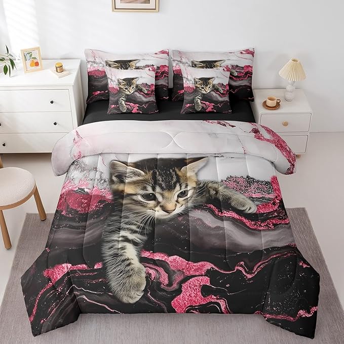 Erosebridal Cute Cat Bed in A Bag Watercolor Marble Print Bedding Set Twin, Marbling Abstract Cartoon Animal 7 Pieces Comforter Sets with Sheets Burgundy Watercolor Marbling Bed Set 7 Pieces