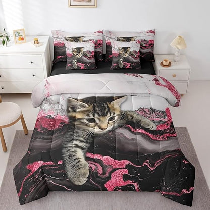 Erosebridal Cute Cat Bed in A Bag Watercolor Marble Print Bedding Set Twin, Marbling Abstract Cartoon Animal 7 Pieces Comforter Sets with Sheets Burgundy Watercolor Marbling Bed Set 7 Pieces