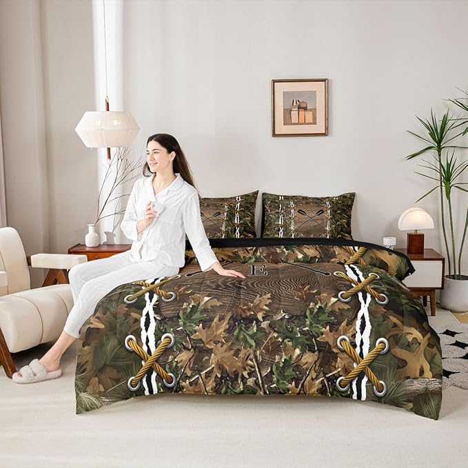 Erosebridal Rustic Twin Comforter Set with Sheets | Botanical Leaves Lake 7 Piece Bedding Set Mens Hunting Bed in a Bag, Farmhouse Woodland Animals Room Decor,Camo Cabin Country Decor Camo Bed Set