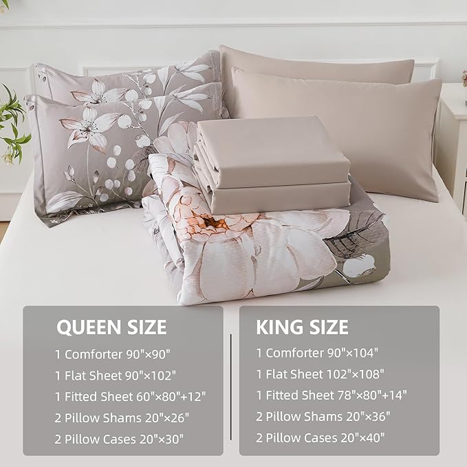 Drucon Brown Comforter Set King Size - 7 Pieces Floral Bedding Sets, Soft Botanical Flowers Comforter Bed in a Bag with Sheets, Pillowcases & Shams