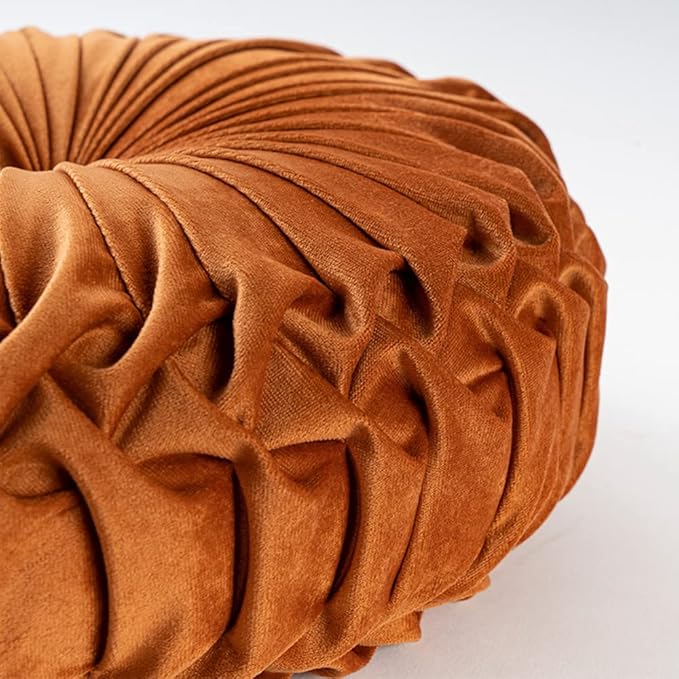 NatureMan 13.7 inch Round Sofa Cushion Pure Color Velvet Home Decor, Pleated Round Cushion, Pumpkin Pillow Suitable for Home Bed car Decoration (Orange)