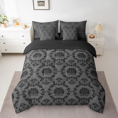 Erosebridal Charcoal Grey and Black Damask Full Size Bed Sheets and Comforter Set | Antique Decor Gothic Vintage Floral 7-Piece Bedding Set Boho Baroque Bed in a Bag, Luxury Bohemian Bed Sets