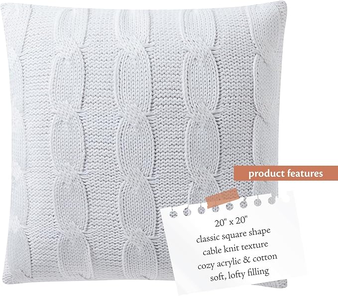 Indigo Ink - Decorative Pillow, Cable Knit Sweater Decorative Pillow, Throw Pillows for Couch or Bed, Boho Home Decor, 20" x 20" (Panther Collection, Off-White)