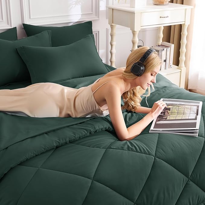 CozyLux King Size Comforter Set Forest Green - 7 Pieces Bed in a Bag King, Luxury Soft Bed Set for All Seasons, Bedding Set with Down Alternative Comforter, Sheets, Pillowcases & Shams
