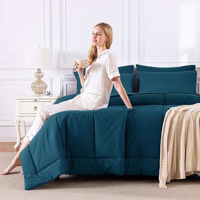 CozyLux King Size Comforter Set Lyons Blue, 7 Pieces Bed in a Bag, Blue Comforter King Size, All Season Bedding Sets with Stitch Quilted Comforter, Flat Sheet, Fitted Sheet, Pillowcases