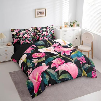 Feelyou Flower Comforter Set Queen Size 7 Pieces Palm Leaf Bedding Set for All Season Floral Blossom Tropical Botanical Nature Theme Bed in a Bag with Comforter, Sheets, Pillowcases & Cushion Cover