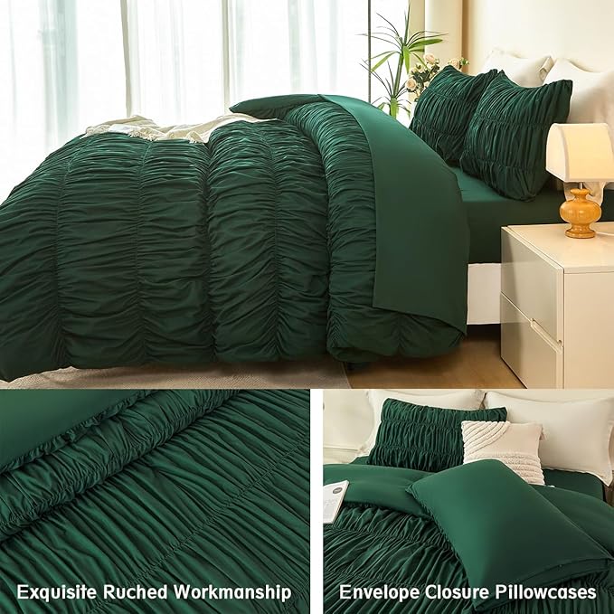 PERFEMET Full Size Comforter Set Emerald Green 5 Pieces Solid Fluffy Ruched Bedding with Sheet Set Luxury Soft Pleated Texture Bed in a Bag All Season Boho Farmhouse Ruffle Bed Sets, 79"x90"