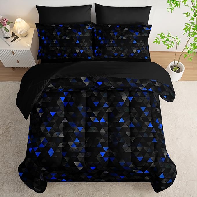 Geometric Blue Black Triangle Full Size Comforter Set,Light Honeycomb Bedding Set 7 Piece in A Bag,Bed Sheet Set Geometry Decor,Microfiber Lightweight All Season