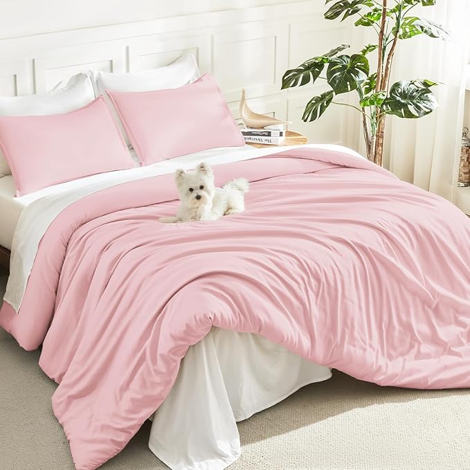 Litanika Comforters Pink Oversized King Size, 3 Pieces Lightweight Solid Bedding Set & Collections, All Season Fluffy Bed Set (120x98In Comforter & 2 Pillowcases)