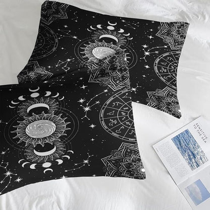 Comforter Set Twin Size, Sun Moon Tarot Vintage 5 Pcs Bedding for Kids and Adults, Boho Bohemian Retro Bed Sheet Sets with Fitted Sheet Pillowcase & Sham for Bedroom Bed Decor