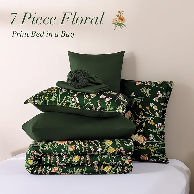 Yiran Dark Green Floral Comforter Set Queen Size, 7 Piece Botanical Flowers Comforter Bedding Set, Bed in a Bag Queen, Soft Microfiber Complete Bedding Set with Sheets for All Season