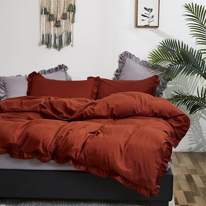Luxlovery Ruffle Comforter Set King Burnt Orange Farmhouse Caramel Bedding Comforter Set Shabby Chic Rust Orange Solid Blanket Quilts Ruffled Reddish Caramel Bedding Set for Women Men