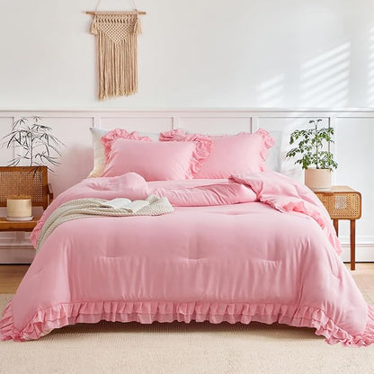 Pink Ruffled Comforter Set King Size, 3 Pieces (1 Ruffled Comforter and 2 Pillowcases) Farmhouse Shabby Chic Style with 2 Layers Ruffle, Solid Color Lightweight Fluffy Bedding Sets for All Season