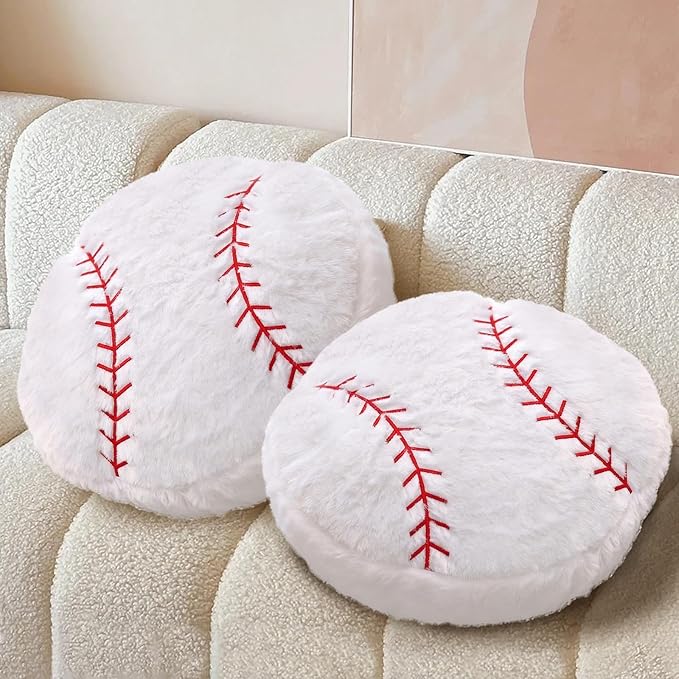 Baseball Pillow, 2 Pcs Baseball Plush Pillow Soft Fluffy Round Stuffed Sports Throw Pillows, Baseball Shaped Decorative Throw Pillow for Sofa, Bedroom, Sports Room, Home Decor Gifts 15.7"