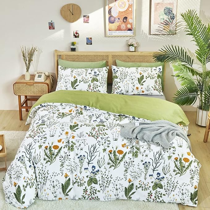 CLOTHKNOW Green White Floral King Size Comforter Set 3Pcs Farmhouse Bedding Comforter Sets Boho Flowers Botanical Comforters