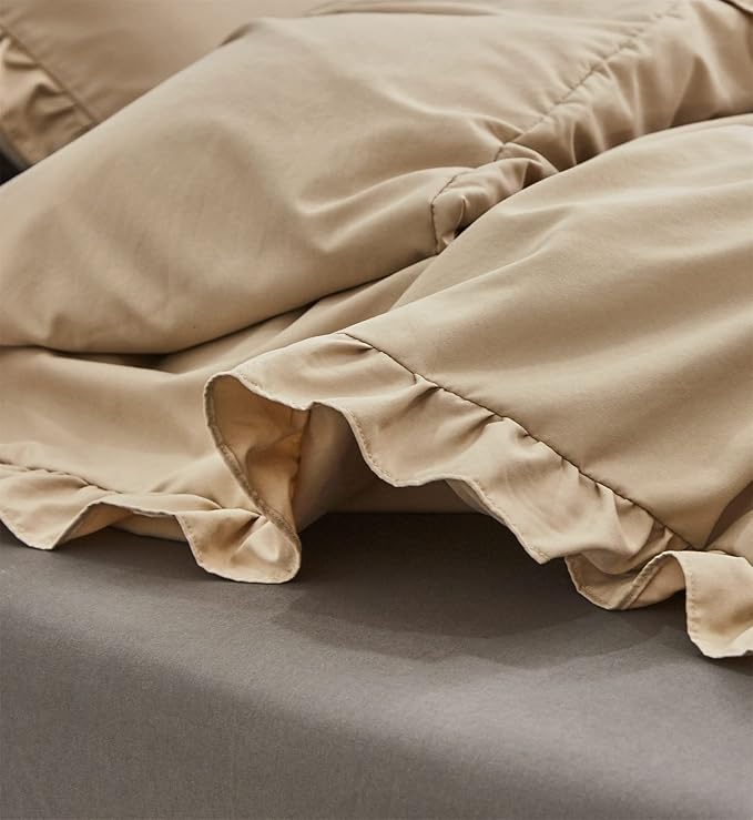 CLOTHKNOW Champagne Ruffles California King Comforter Set Farmhosue Bedding Comforter Sets Soft Khaki Boho Comforter with 2 x Pillow Cases