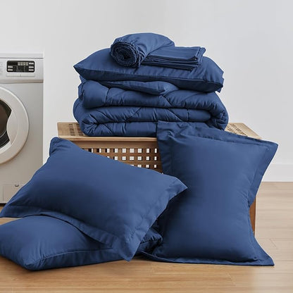 Love's cabin Full Comforter Set Dark Blue, 7 Pieces Full Bed in a Bag, All Season Bedding Sets with 1 Comforter, 1 Flat Sheet, 1 Fitted Sheet, 2 Pillowcase and 2 Pillow Sham