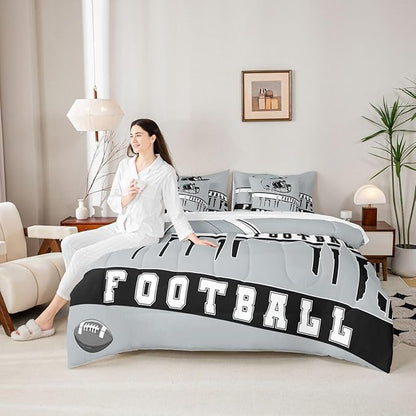 Erosebridal Football City 7 Pcs Comforter Set Queen Football Bedding Boys Girls Grey Rugby Game Sheet Set Bed in A Bag Football Fans Bedroom Decor Sports Ball Competition Bed Set
