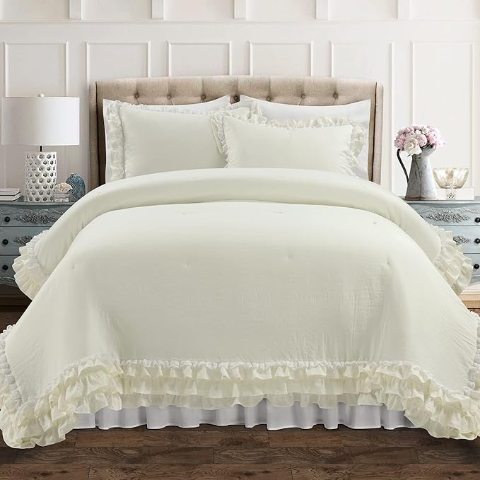 Lush Decor Ella Parisian Vintage Chic Ruffle Lace 3 Piece Comforter Set, King, Ivory