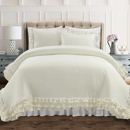 Lush Decor Ella Parisian Vintage Chic Ruffle Lace 3 Piece Comforter Set, King, Ivory