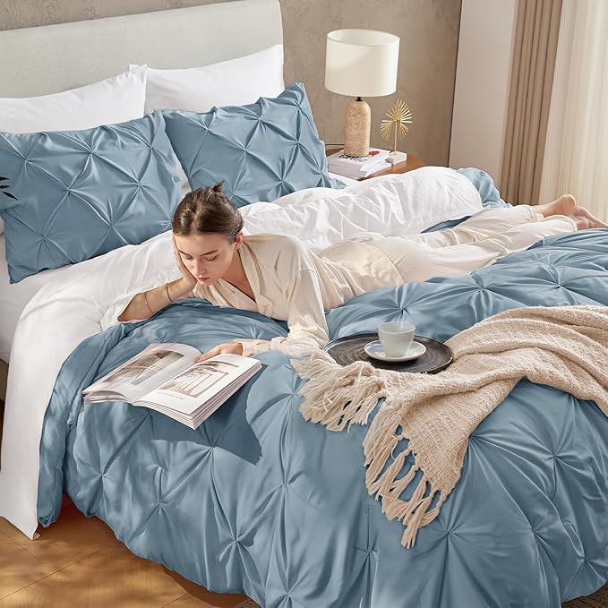 Andency Queen Comforter Set Grayish Blue, 3 Pieces Pinch Pleat Bedding Comforters & Sets, Pintuck Lightweight Fluffy All Season Bed Set for Women Men Girls(90x90Inch)