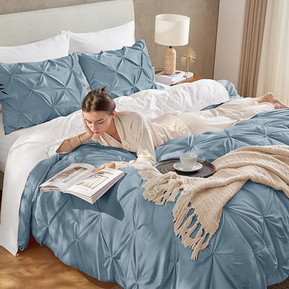 Andency Grayish Blue California King Pinch Pleat Comforter Sets(104x96Inch), 3 Pieces Cal King Pintuck Comforter, Oversized Boho Shabby Chic Bed Comforter, Lightweight Soft Microfiber Bedding Sets