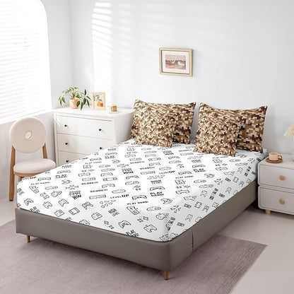 Brown Grid 7Pcs Comforter Set Twin Size for Kids Boys,Sandbox Pixelated Themed Fitted Flat Sheet Teens Men Gamer Room Decor,Miner Style Checked Bedding Sets Desert Style 2 Throw Pillow,2 Pillowcases