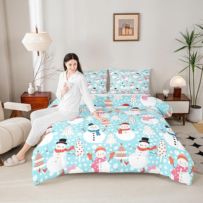 Cute Snowman Comforter Set Full Size Cartoon Christmas Tree Bedding Set 3Pcs Red White Dots Print Theme Quilt Set for Kids Girls Boys Room Decor Watercolor Blue Duvet Insert,2 Pillowcases