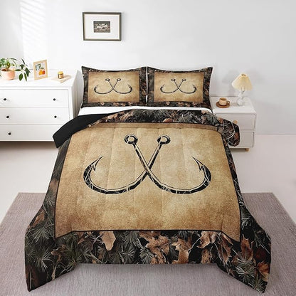 Erosebridal Camo Fish Hook Bedding Comforter Sets Twin Rustic Lake Fishing Bedding Set Gifts for Boys Men Fisherman Kids,Farmhouse Cabin Style Comforter Set Retro Country Quilt Duvet Set 2 Pcs