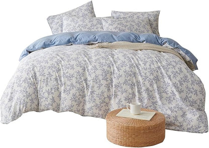 Comforter Set King Floral Soft Cute Bedding Sets Garden Style Blue Flower Print Botanical Floral Comforter for All Seasons and 1 Pillowcases