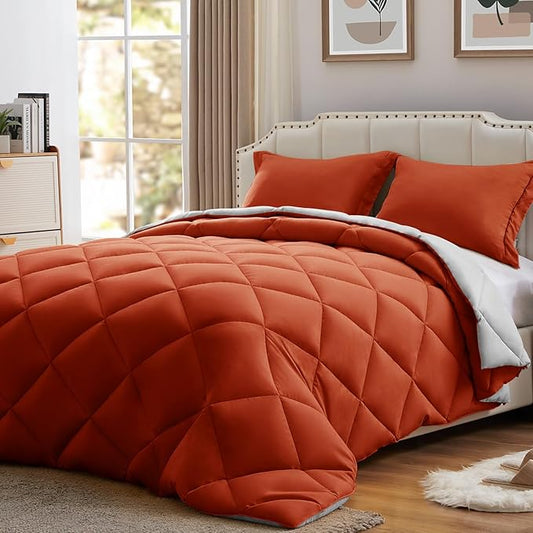NexHome Twin Comforter Set Burnt Orange&Light Grey,2 Pieces Lightweight Comforters Twin Size Reversible Bedding Comforters Sets,Down Alternative Comforter Bed Set Quilt Blanket
