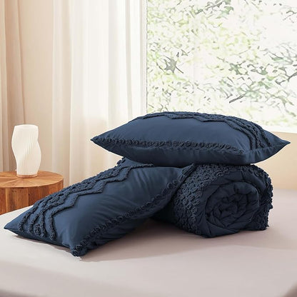 Luxudecor Navy Blue Boho Tufted Comforter Set Full Size 3 Pieces Boho Shabby Chic Comforter Farmhouse Embroidery Bedding Set Soft Comforter for All Seasons (Navy Blue, 80''x90'')