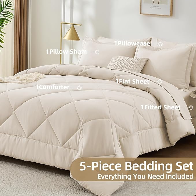 FUANNA 5 Pieces Twin XL Comforter Set, All Season Bed in a Bag Twin XL Size, Luxury Soft Bedding Sets with Comforter, Flat Sheet, Fitted Sheet, Pillowcase & Pillow Sham, Beige