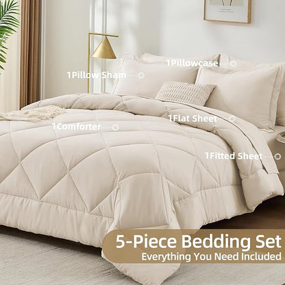 FUANNA 5 Pieces Twin XL Comforter Set, All Season Bed in a Bag Twin XL Size, Luxury Soft Bedding Sets with Comforter, Flat Sheet, Fitted Sheet, Pillowcase & Pillow Sham, Beige