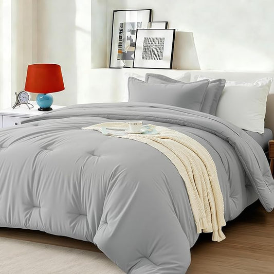Twin Comforter Set 5 Piece - Soft Bed in a Bag Queen Size Comforter Sets, Cozy Luxury Bedding Sets with All Season Comforter, Flat Sheet, Fitted Sheet,Pillowcases & Shams, Light Gray