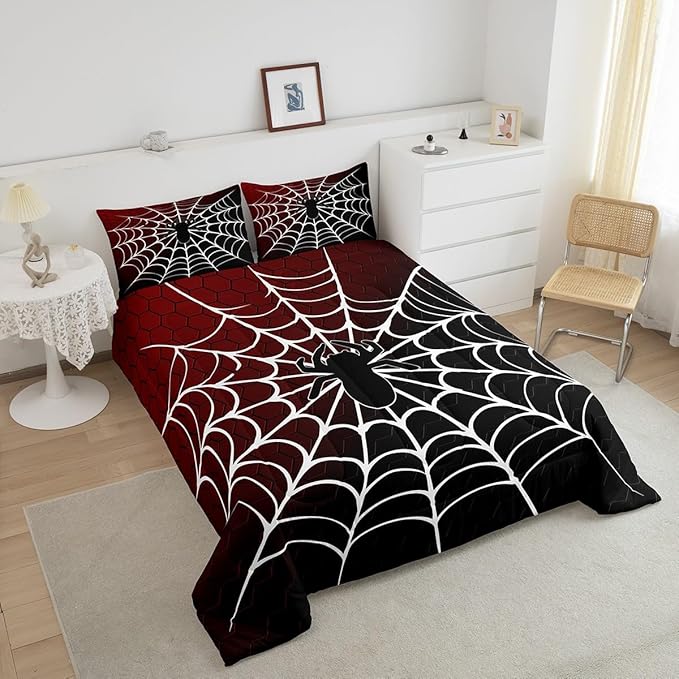 Manfei Burgundy and Black Comforter Set King Size, White Spider Web Print Down Comforter, Halloween Spider Bedding Set for Kids Boys Girls Bedroom Decor, Honeycomb Duvet Insert,2 Pillowcases