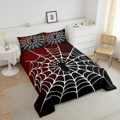 Manfei Burgundy and Black Comforter Set King Size, White Spider Web Print Down Comforter, Halloween Spider Bedding Set for Kids Boys Girls Bedroom Decor, Honeycomb Duvet Insert,2 Pillowcases