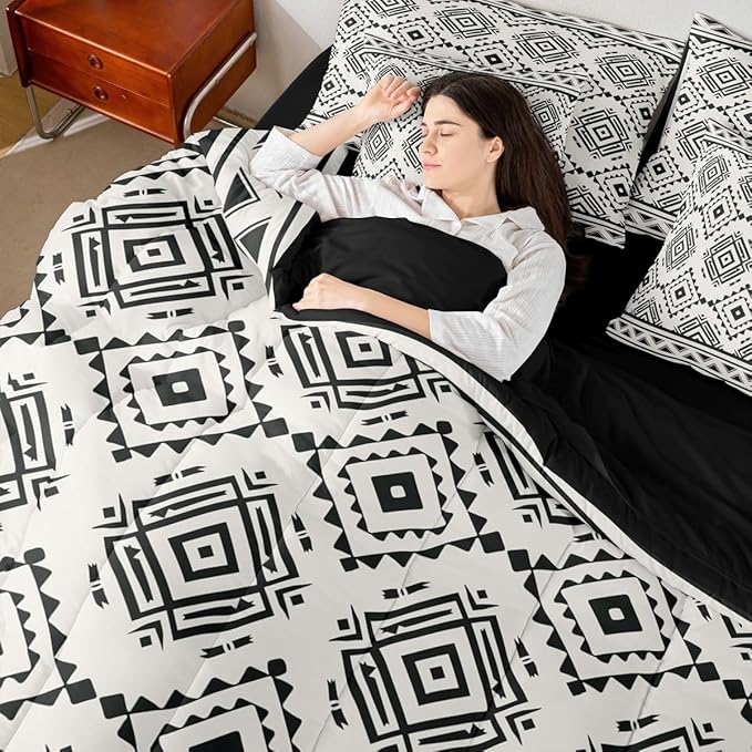 Erosebridal Boho Western Full Comforter Set with Sheets 7 Piece Grey White Southwestern Bed in A Bag Rustic Farmhouse Aztec Bedding Sets for Women Adults Modern Geometric Diamond Bed Set