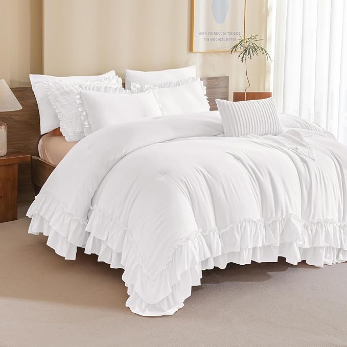 Masaca Ruffle Twin Comforter,Shabby Boho Chic Netural White Ruffled Comforter Set 3 Pieces Farmhouse Rustic French Country Kids Twin Bedding Sets Ultra Soft