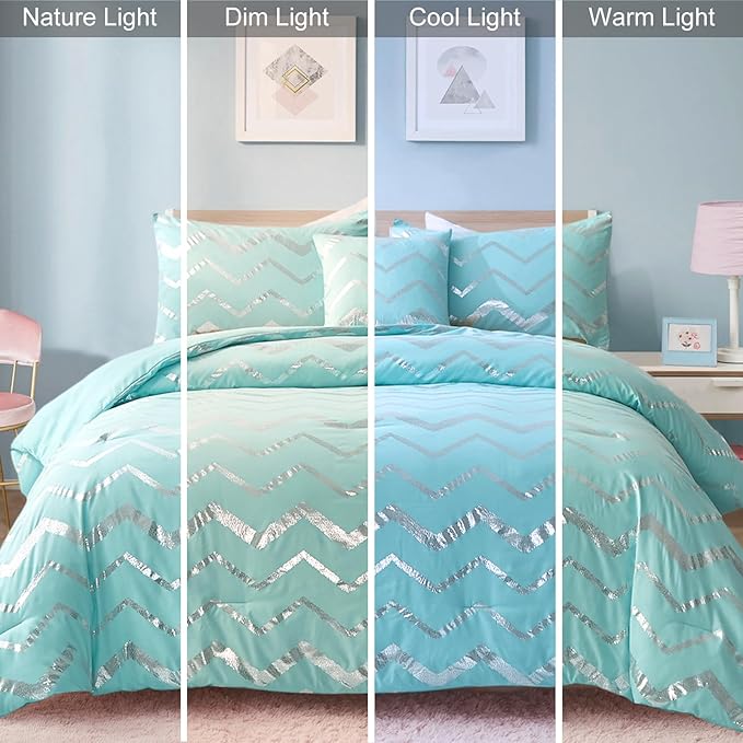 Menghomeus Aqua Comforter Set Full Size Metallic Teal and Silver Bed Comforter 4 Piece Lightweight Microfiber Bedding for Teen Girls Boys (2 Pillow Case + 1 Decorative Pillow Sham)