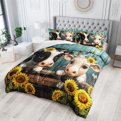 Cute Cow Print Comforter Set Full Size Sunflower Highland Cow Bedding Set Farm Animals Cow on Fence Quilt Bed Set with 1 Comforter and 2 Pillowcases for Kids Boys Girls Room Decor, D-cow2